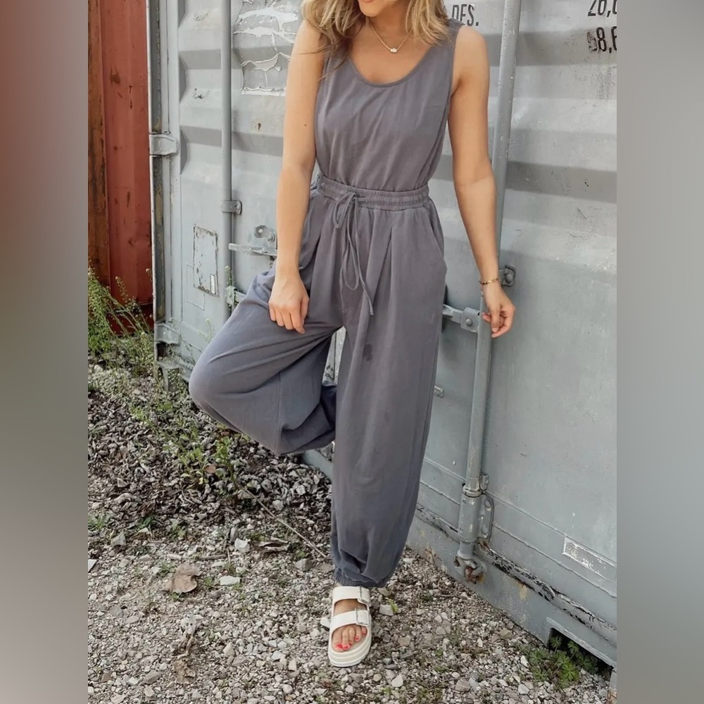 Listicle Charcoal Grey Open Back Jogger Drawstring Jumper Jumpsuit - Picture 6 of 10